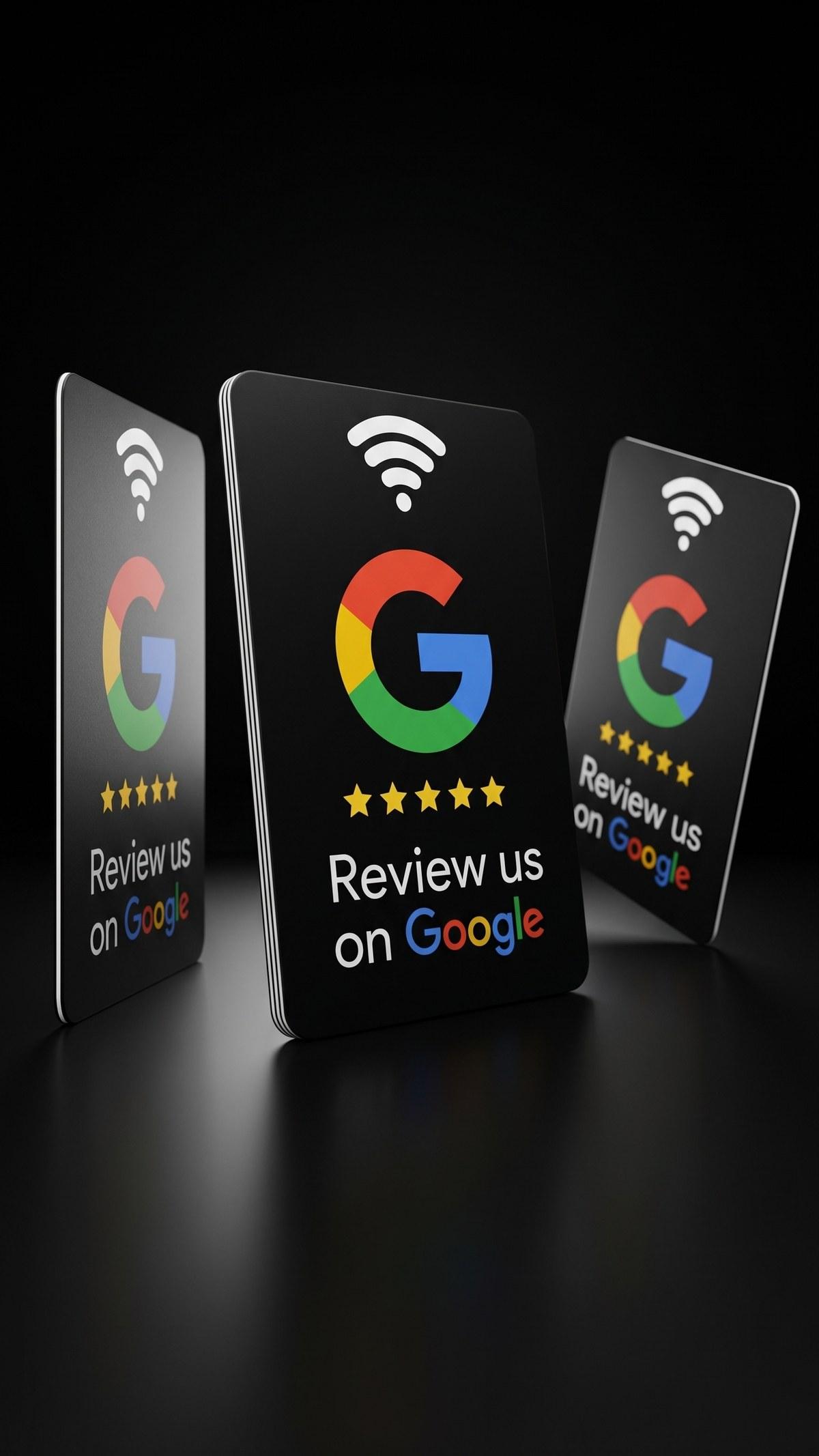 Tres tarjetas NFC de reseñas sobre una superficie negra con reflejo.